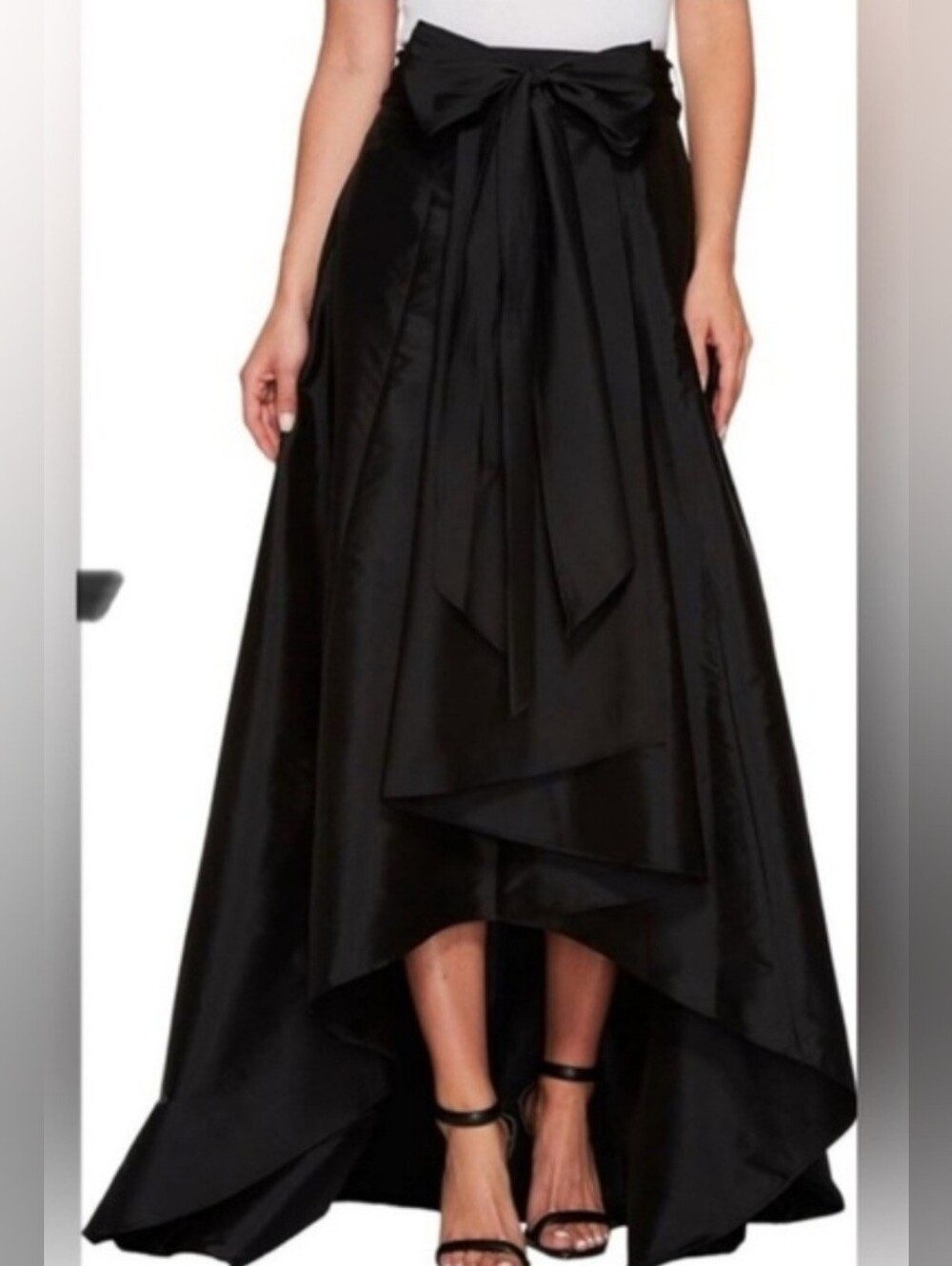 Elegant Black High-Low Satin Skirt with Front Bow